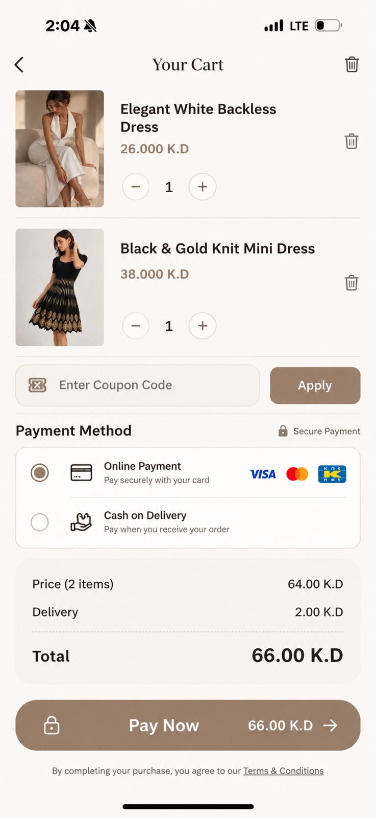 Hodaan mobile app cart and secure checkout screen