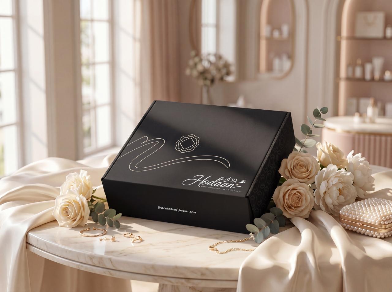 Hodaan packaging surrounded by flowers and jewellery